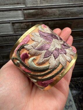 Embroidered Floral Cuff Embroidery fabric over silver tone Bracelet mauve green